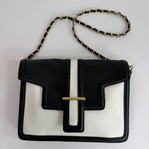Black White Colorblock Leather Shoulder Bag Chain Strap Purse Classic Career